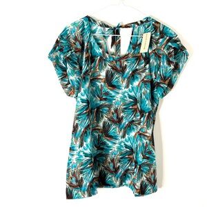 Ann Taylor Teal Brown Watercolor Chiffon Keyhole Short Sleeve Blouse Pleated NWT